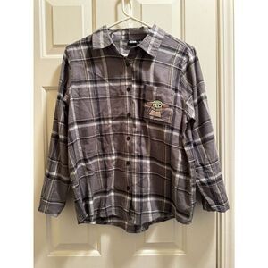 Star Wars Womens Shirt Plaid‎ Size XS Button Up The Mandalorian Gray Blue White